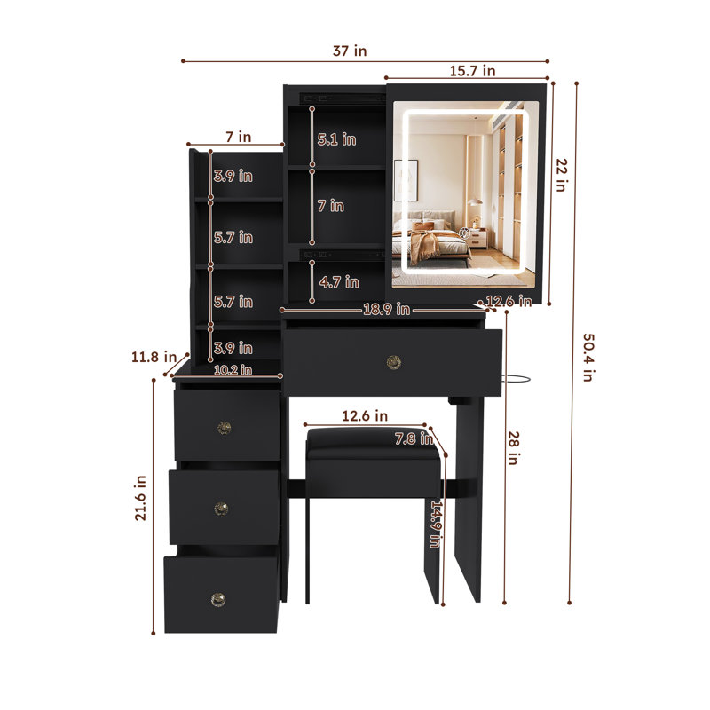 Bureau de coiffeuse moderne avec éclairage à DEL, 4 tiroirs, tablettes ouvertes, support pour sèche-cheveux, noir