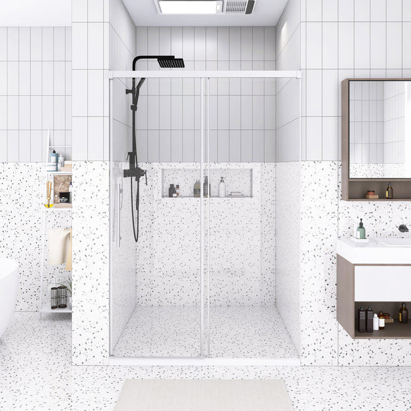 48" W × 72" H Frameless Single Sliding Shower Door,5Mm Fixed Glass And 6Mm Sliding Glass  , Clear Tempered Glass, Stainless Steel Handle,Chrome