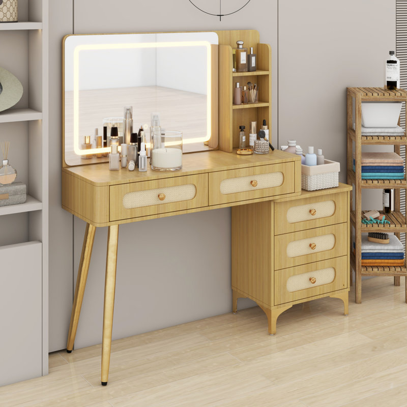 Coiffeuse avec miroir rétro éclairé, coiffeuse en rotin avec 5 tiroirs et tablettes de rangement, Naturel