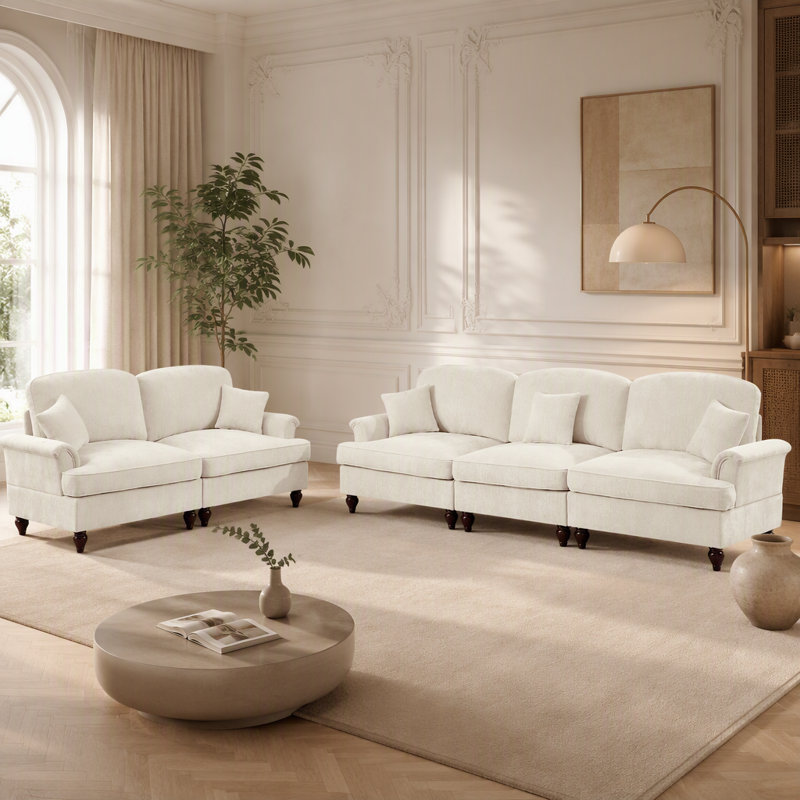 Ensemble de canapé modulaire classique 2 pièces avec accoudoirs évasés, volants amovibles et pieds fuselés pour les salons élégants, blanc beige
