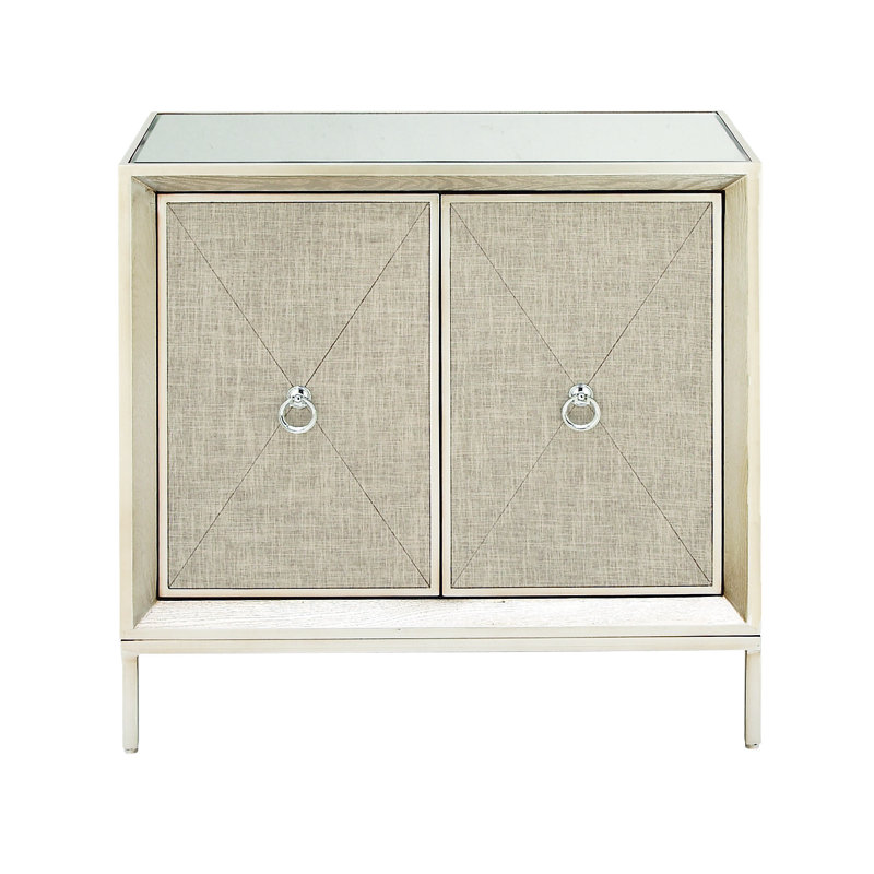 Beige Mirrored Fir Wood Upholstered Accent Cabinet