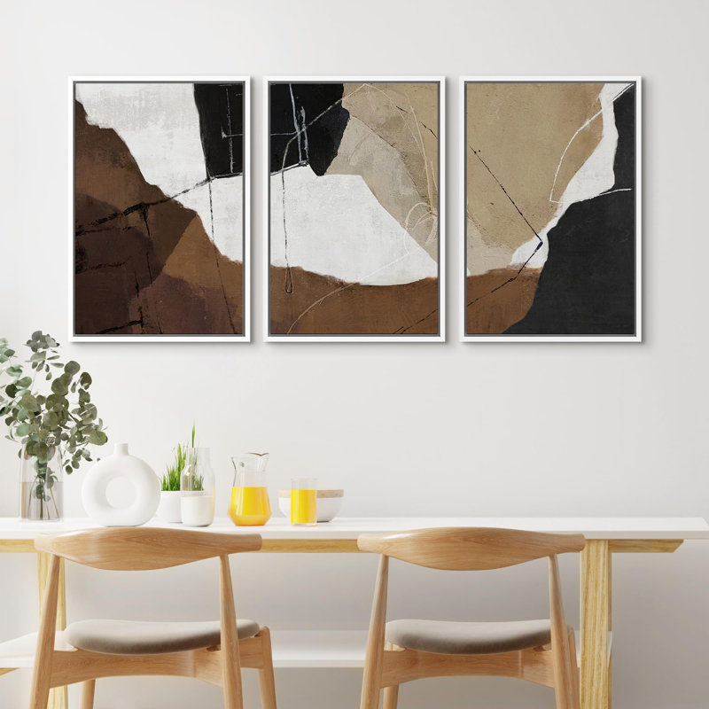 "Brun clair, blocs, style Mid-Century abstrait, formes, art, décor, salon chic", 3 pièces, H 36 po x l 24 po, Blanc