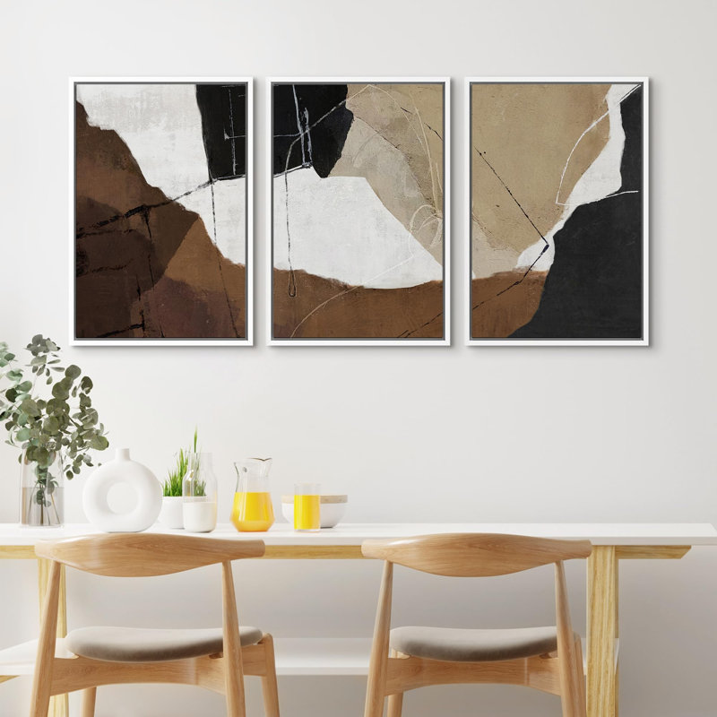 Modern Abstract Geometric " Tan Brown Blocks Abstract Mid Century Modern Shapes Illustrations Art Decor Chic Living Room " 3 - Pieces