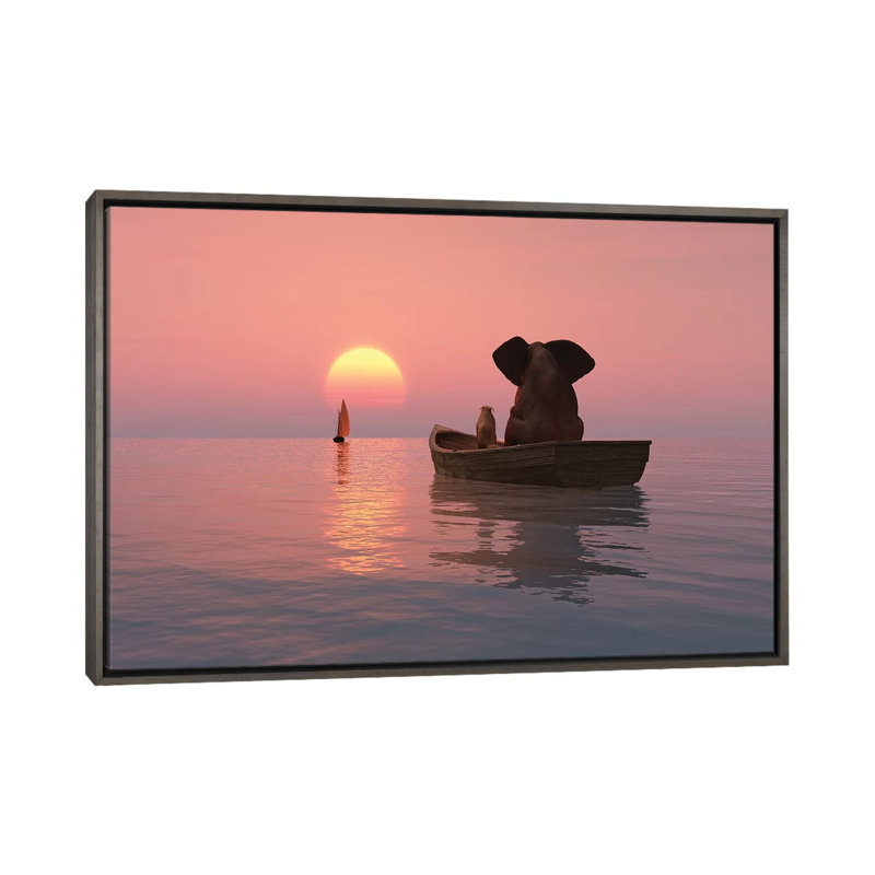 «Elephant and Dog Are Floating in a Boat at Sunset» par Mike Kyivi, reproduction d'impression, Pas de tapis