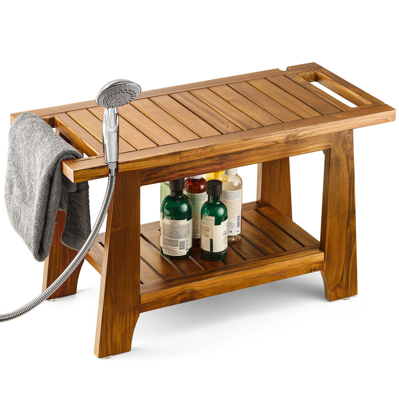 Teak Shower Benches for Inside Shower with Shelf for Bathroom and Spa, 16.5'' H × 28'' W × 12.5'' D