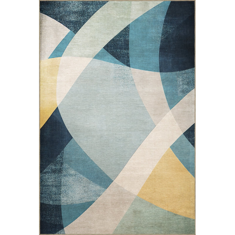 Tapis décoratif moderne à motifs géométriques multicolores aux tons bleus, Rectangle 4 pi 7,12 po x 6 pi 6,74 po