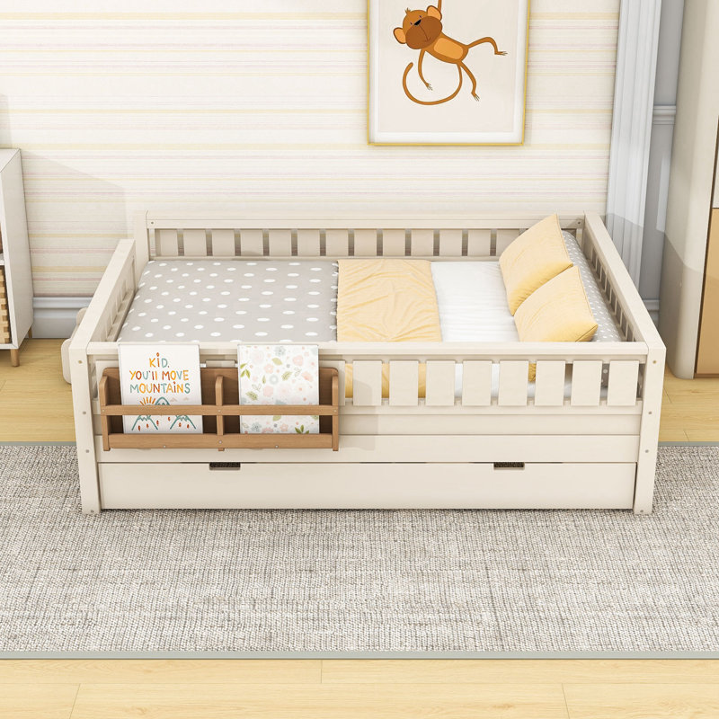 Wooden Platform Bed with Trundle, Bookshelf and Guardrails, Beige, Queen