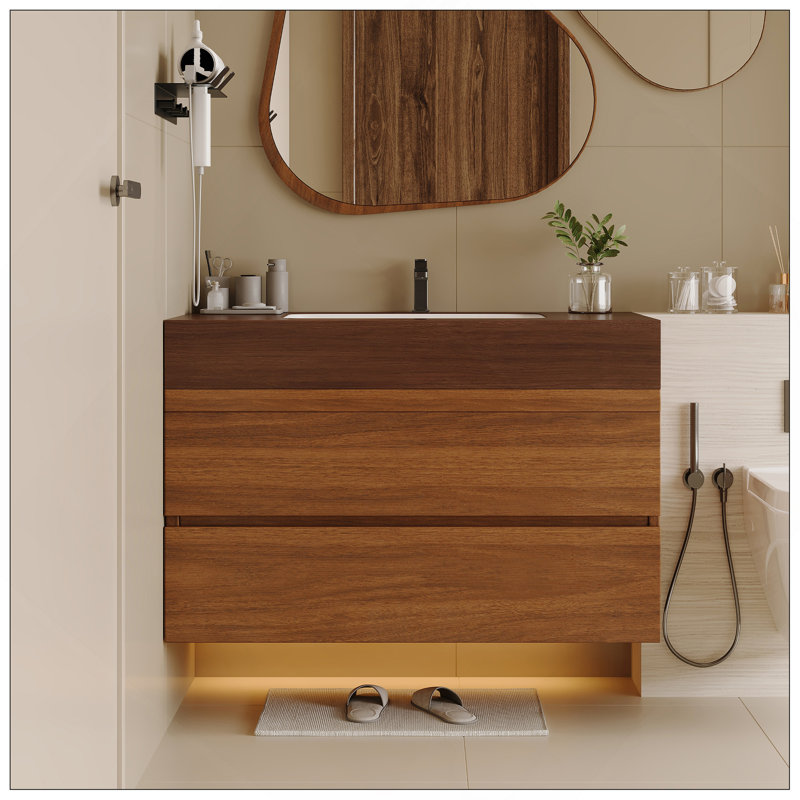 Meuble-lavabo flottant moderne 29,9 po avec comptoir en faux marbre et lavabo encastré en céramique, fixation murale pour petites salles de bain et appartements