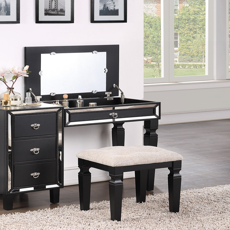 Traditional Formal Cherry Color Vanity Set w Stool Storage Drawers 1pc Bedroom Furniture Set Tufted Seat Stool, Cherry