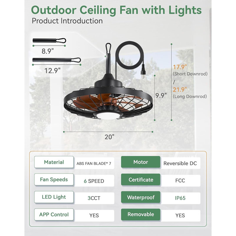 20" Outdoor Ceiling Fan With Lights,IP65 Waterproof Gazebo Hanging Fan With Remote Control Smart App, Plug In Caged Ceiling Fan With 3CCT 6-Speeds For Patio Porch Pergola