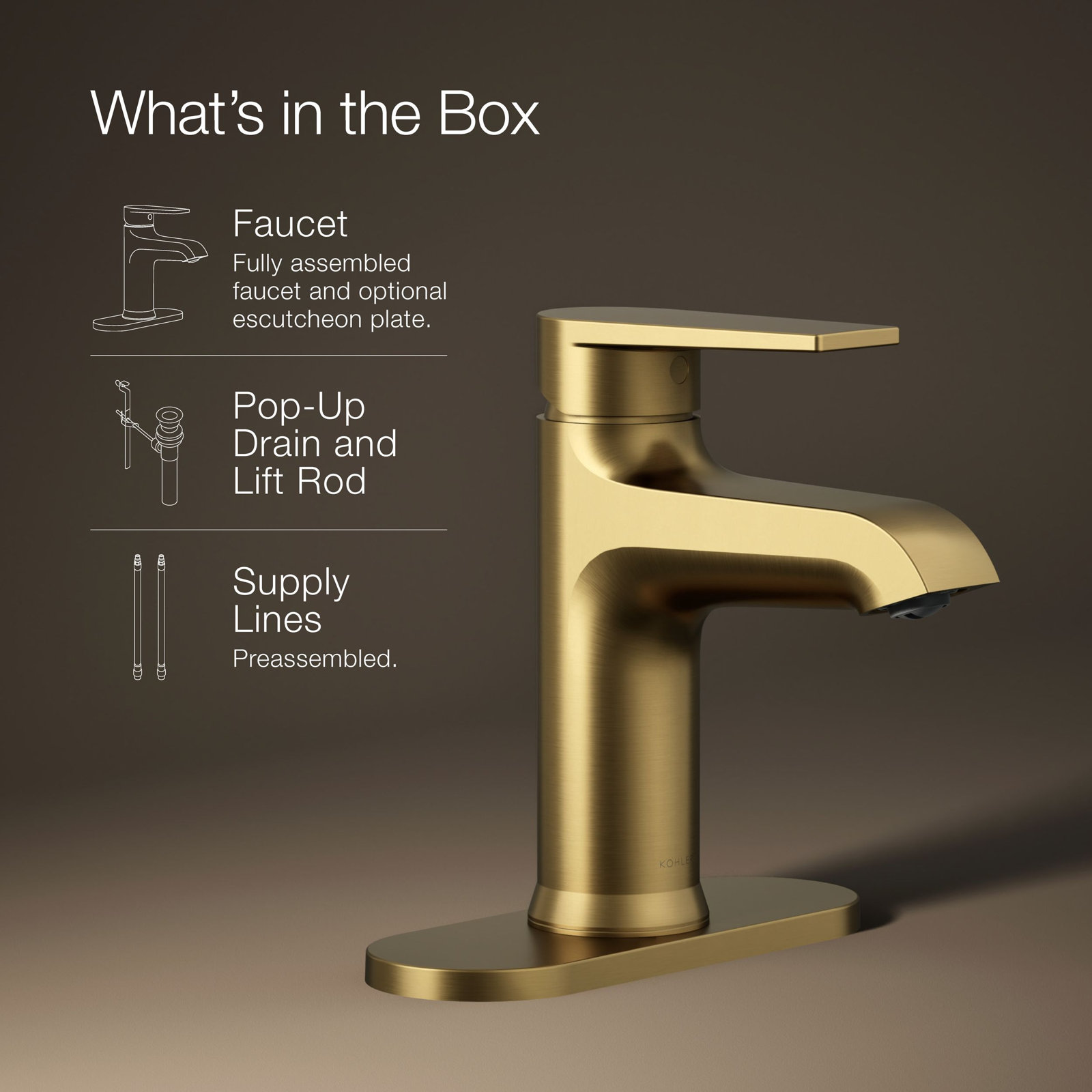 Hint Single-Handle Bathroom Sink Faucet with Escutcheon and Pop-Up Drain, 1.2 GPM, Vibrant Brushed Modern Brass