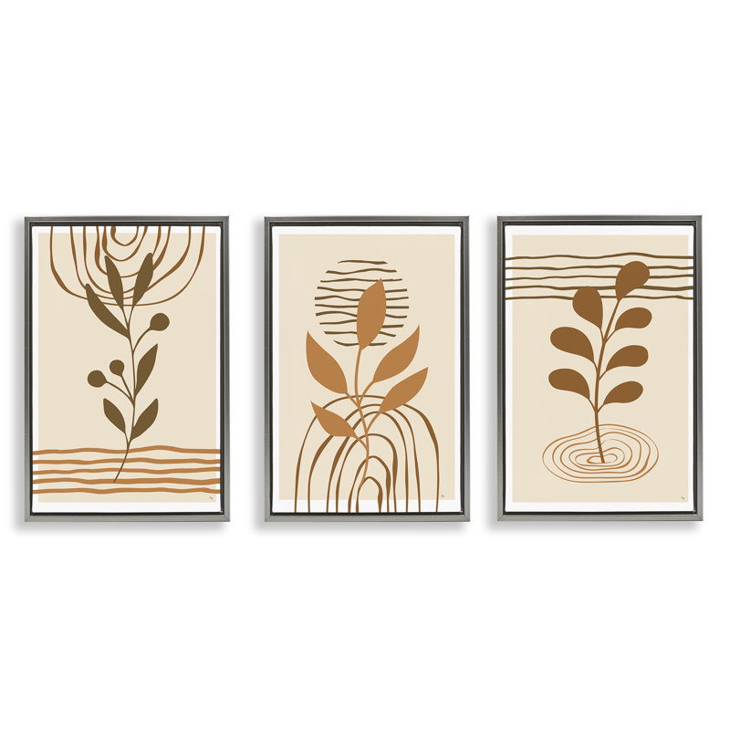  Boho, brins et motifs de lignes, ensemble de 3 toiles flottantes encadrées par Martina Pavlova, Cadre flottant gris lustré