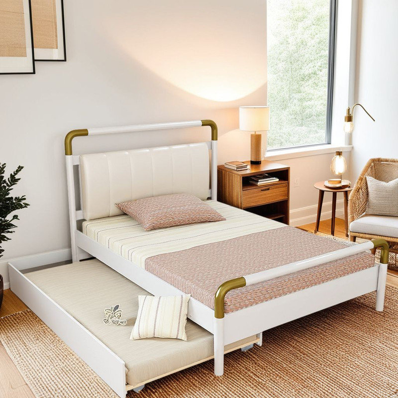 Grand lit plateforme avec tiroirs et tiroirs de rangement - Cuir PU moderne, structure en bois massif, Blanc