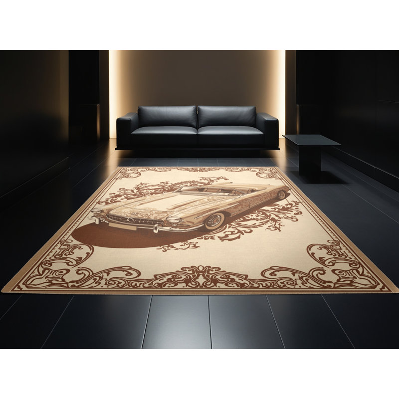 Machine Washable Vehicles And Transportation Vintage Convertible Car Vintage Damask Rug in Beige – Beige Binding, 5x7