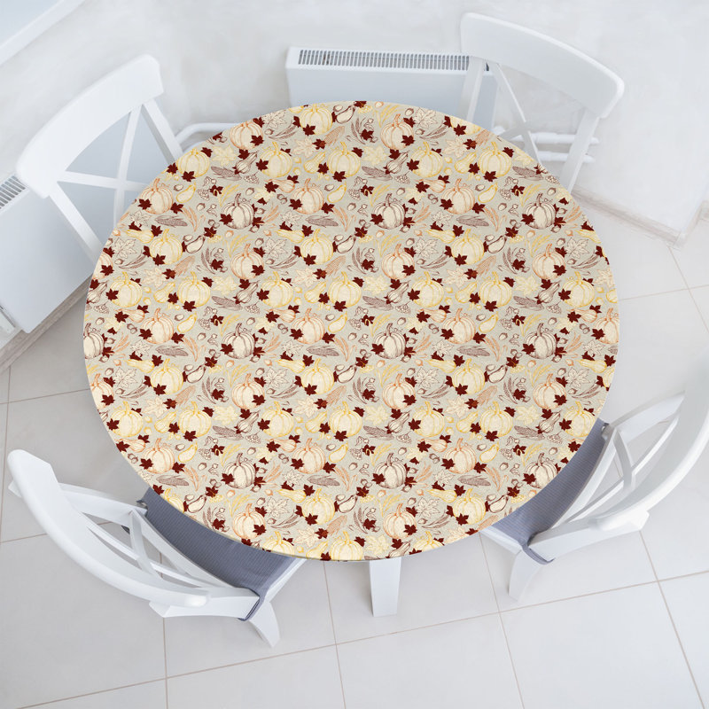 Ebern Designs Pumpkin Fitted Round Tablecloth Eggshell and Burgundy, 64.17" Round
