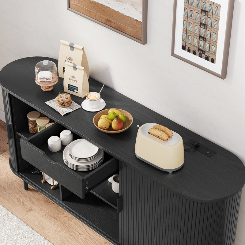 Buffet de 63 po avec grand tiroir, buffet avec porte coulissante Tambour et tablette réglable, Noir