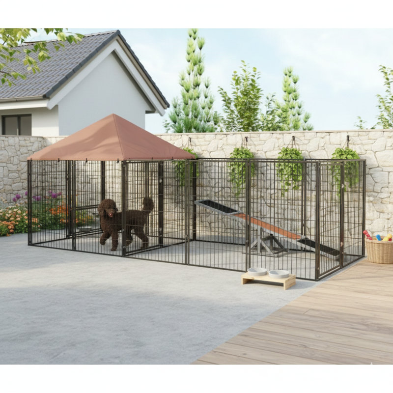Enceinte canine spacieuse pour l'extérieur équipée de bols qui tournent et s'ajuste en hauteur, dispose d'un couvercle supérieur imperméable et résistant aux rayons UV, finition couleur café.