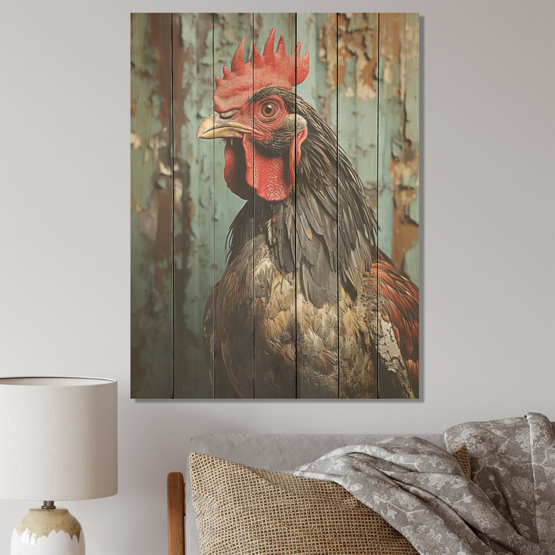 Farmhouse Barn Rooster Portrait I - Poulet sur bois, H 44 po x l 34 po