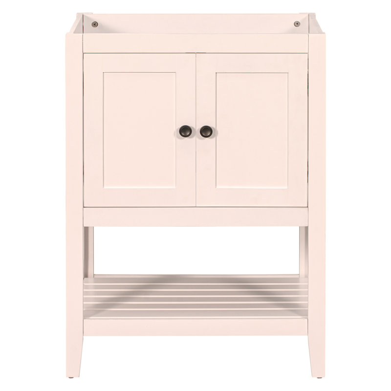 Base de meuble-lavabo 24 po seulement, structure en bois massif, armoire de rangement avec portes et tablette ouverte, Blanc