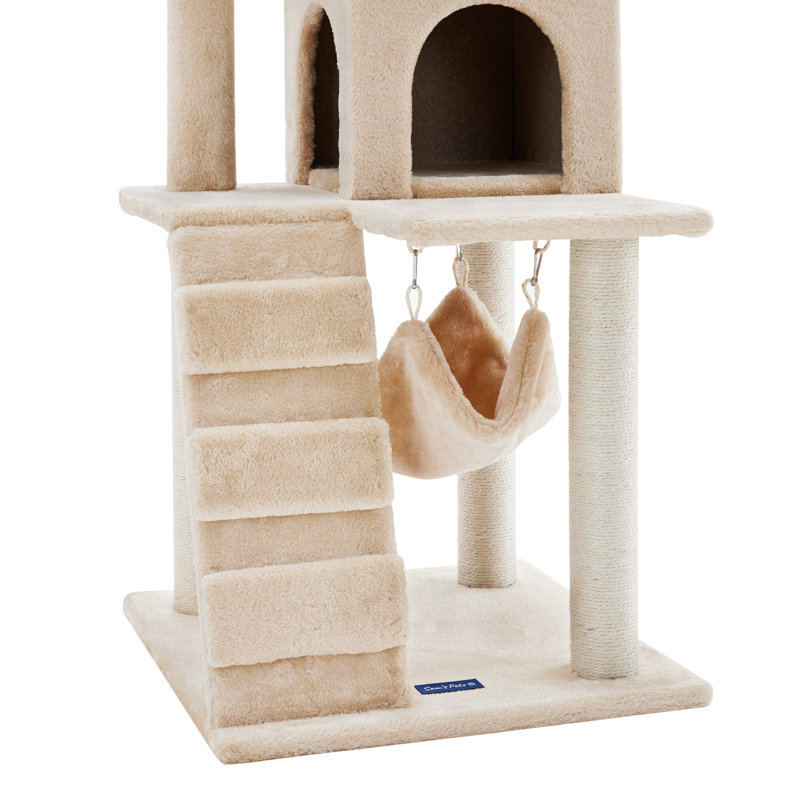 Cream Plush Polyester Double Decker Cat Tree with Hammock