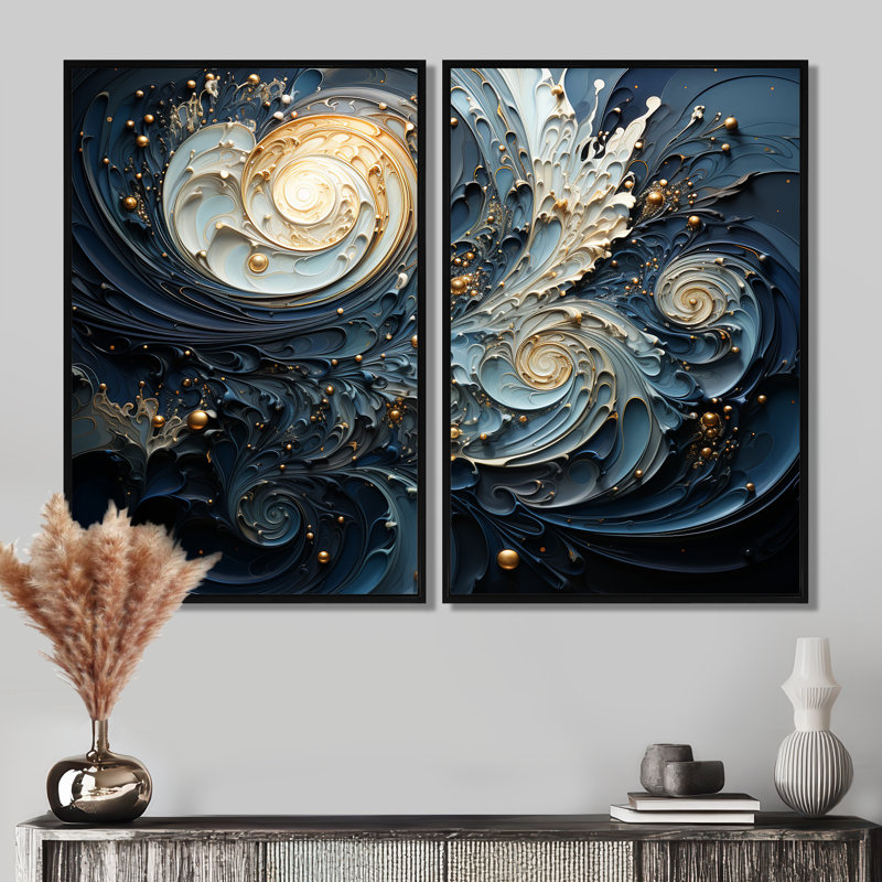 Spirales célestes III - Décoration murale spirales abstraites 2 pièces, Black, 36" H x 48" W, Impression encadrée flottante