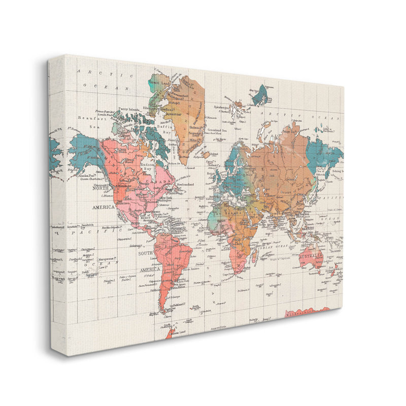 Art mural détaillé sur toile, carte du monde détaillée par Elizabeth Medley, H 30 po x l 40 po x P 1,5 po