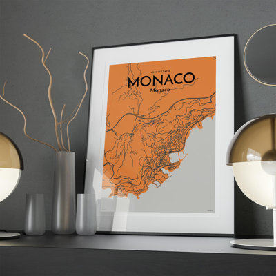 Monaco City Map in Orange 1 Piece Wall Art