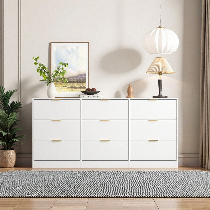 Commode 9 tiroirs 63 pouces, grande armoire de rangement avec tiroirs profonds, Blanc