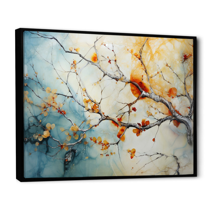 Orange, bleu sarcelle, érable brillant, agate I - arbre érable, art mural, H 34 po x l 44 po x P 1,5 po, Cadre flottant noir