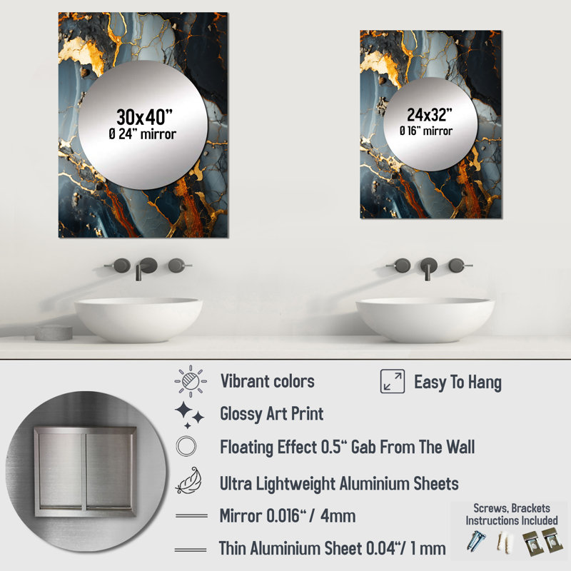Sharleene Grey and Gold Abstract Marble Granite II - Abstract Mirror, Gold Unique Wall Mirror, Printed Metal Art, 32" x 24"