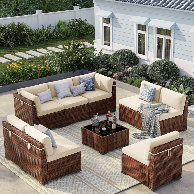 8 Person Rattan Sectional Seating Group With Cushions, No, Beige