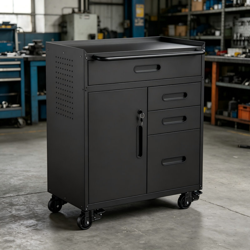 Armoire à outils mobile verrouillable à quatre tiroirs avec roulettes en acier pour le rangement d'atelier et de garage