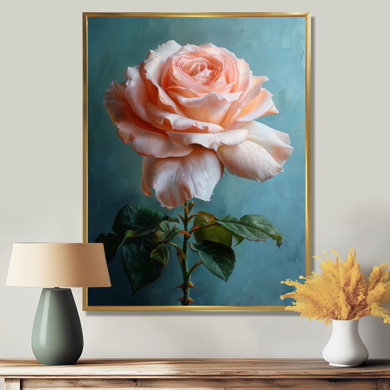 Décoration murale rose, vert, rose, roses, Cadre flottant doré, H 30 po x l 40 po