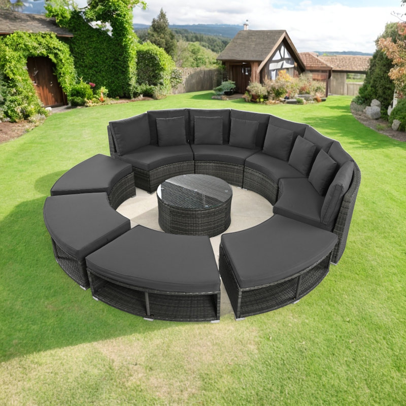 Ensemble modulaire d'extérieur courbé de 127,9 po avec coussins Yovcho, Gris