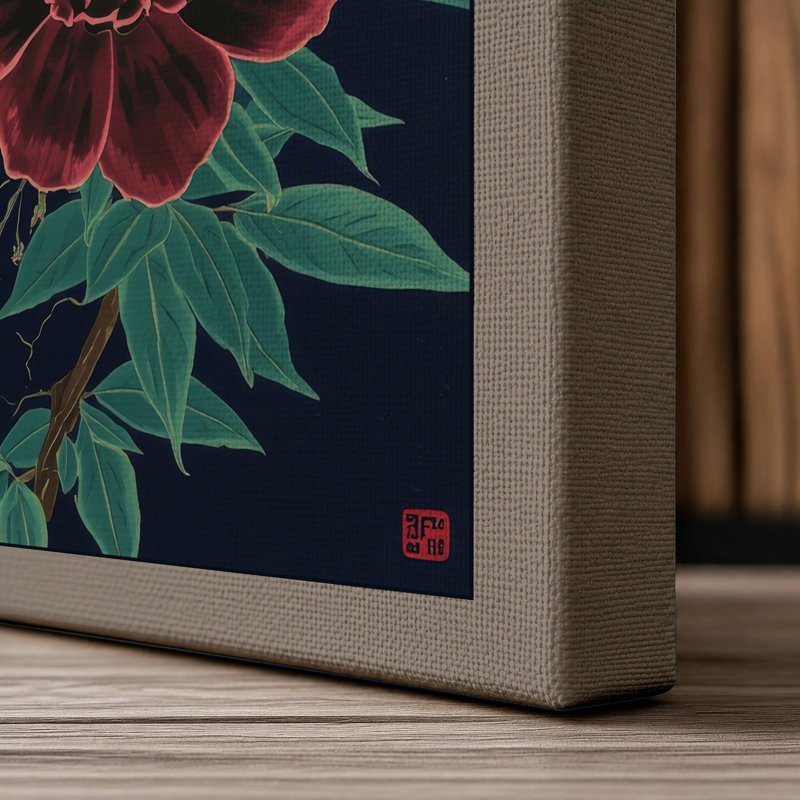 Crimson Peonies in Bloom Botanical - Wrapped Canvas, 30x20 - 76.2 x 50.8 cm, Taupe Border
