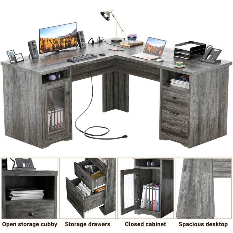 Detcho 60'' L Shaped Executive Desk with Drawers and Power Outlets, Grey