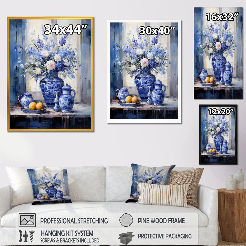 Blue And White Boho Plant Pottery IV - Boho Pottery Wall Art Decor, Gold Single Picture Framed, 32" H x 24" W x 1" D