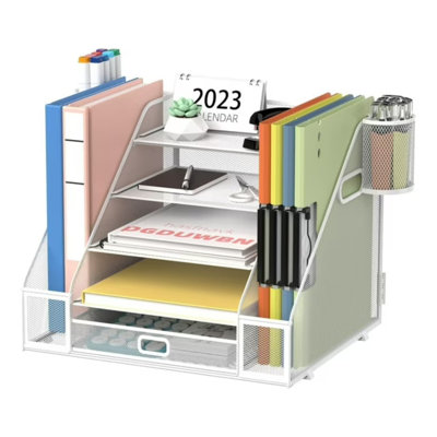 Organisateur de bureau à 5 niveaux en métal avec porte-documents, tiroir et porte-stylo, organisateur de papier