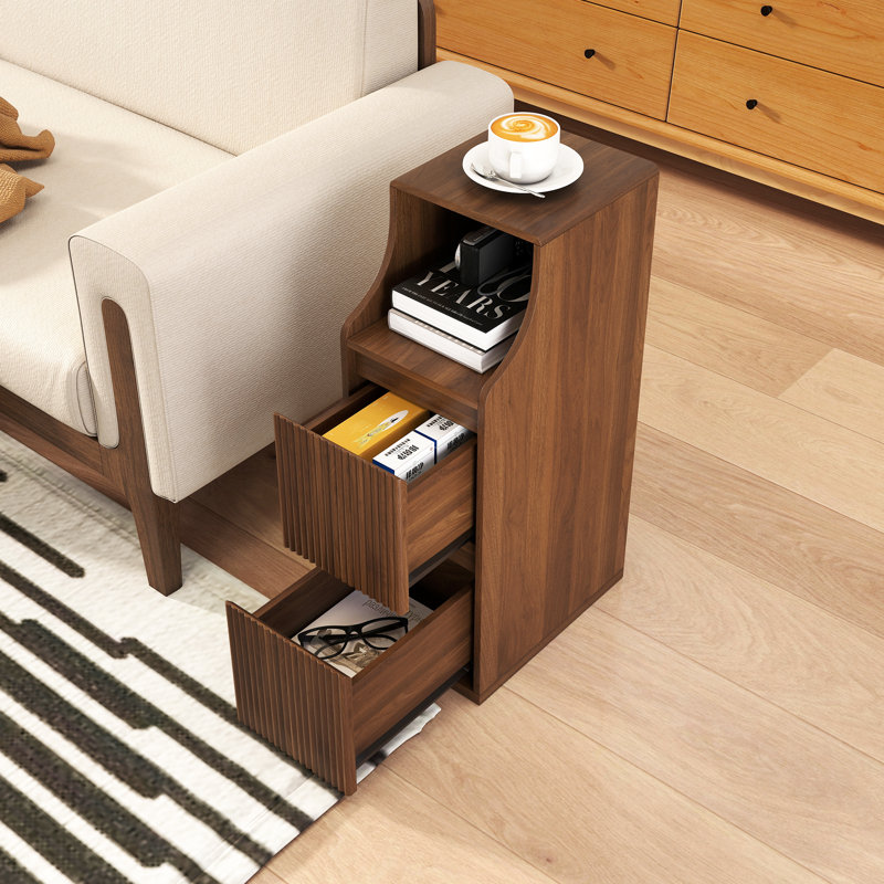 Table d'appoint cannelée de 24 cm avec 2 tiroirs et espace de rangement, table d'appoint étroite pour canapé de salon