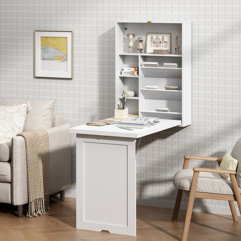 Wall-Mounted Folding Desk, Modern Convertible Fold Out Computer Desk, Foldable Floating Cabinet Table with Multi-Level Storage Shelves for Home, Office, White