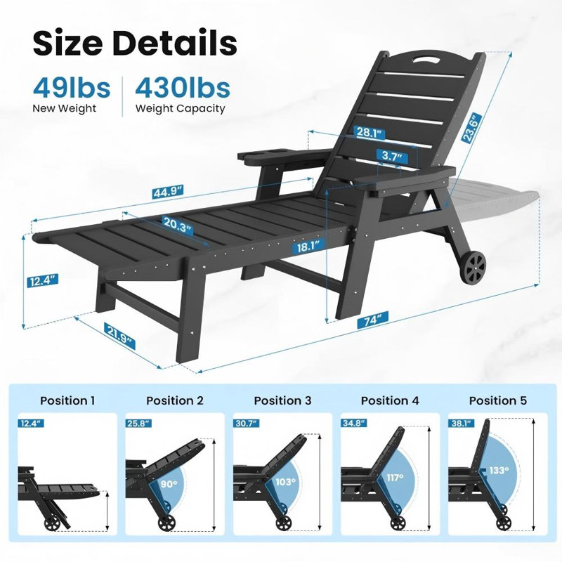 Ensemble de chaises longues pour patio, ensemble de 2 chaises d'extérieur inclinables en PEHD avec dossier réglable à 5 positions, roues et porte-gobelet, chaises de patio toutes saisons pour terrasse, bord de piscine, arrière-cour