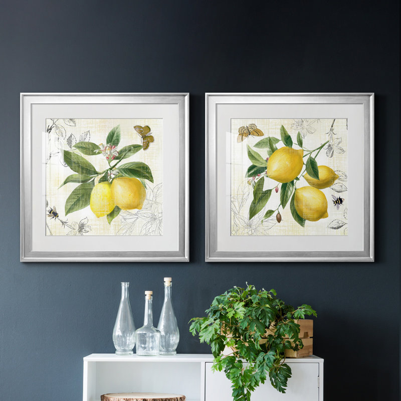 Linen Lemons I - ensemble de 2 impressions, Papier avec cadre argenté, Blanc, H 22,5 po x l 45 po x P 1,5 po