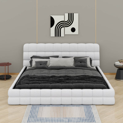 King Size Soft Bed Frame With Headboard, Upholstered Floor Bed, Berber Fleece Platform Bed