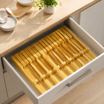 Bamboo kitchen knife drawer storage insert, practical knife holder block featuring 16 knife slots and 1 sharpener slot for drawer‑based kitchen utensil organization