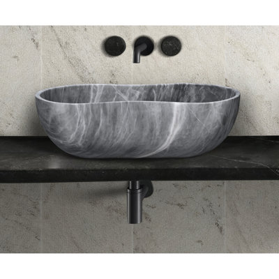 Vasque de salle de bain en marbre gris de luxe, 36 cm de large, 18 cm de haut, surface semi-polie, s'adapte à différentes configurations, pierre naturelle 600 x 360 x 180 mm, silhouette ondulée.