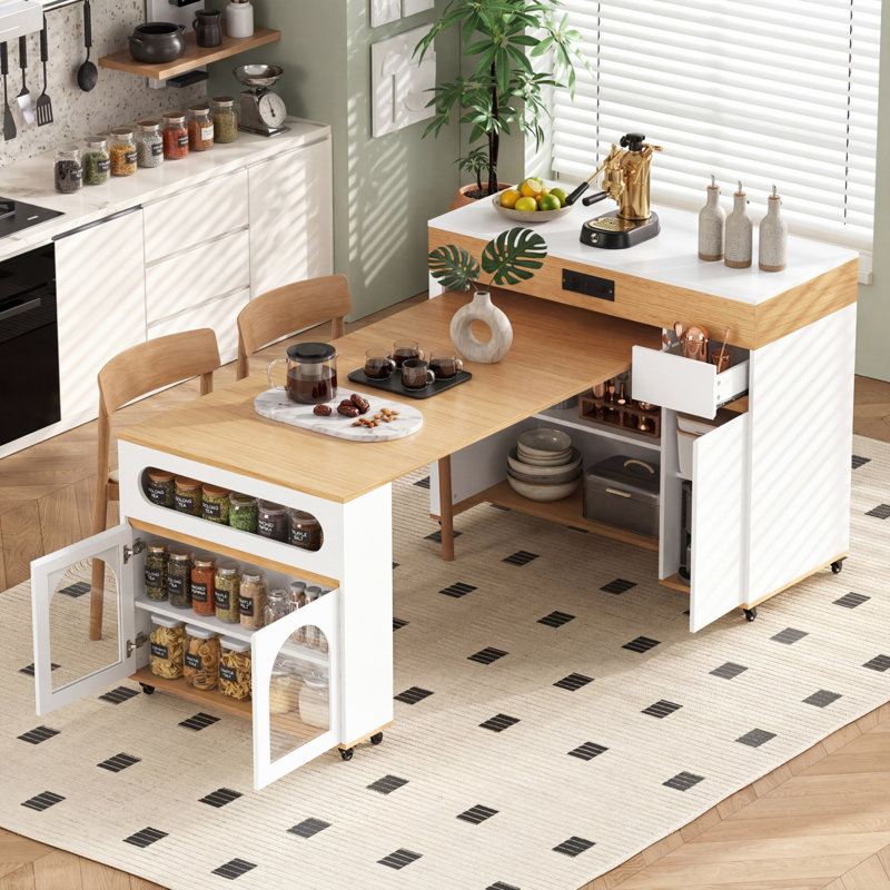 Natural Color And Off-White Multi-Functional Kitchen And Dining Set, With Extendable Extra-Long Tabletop, Drawers, Sockets, Brake Wheels, And A Movable Island That Also Serves As Storage.