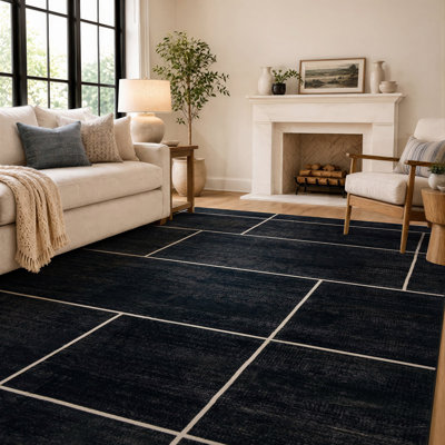 Tapis noir antidérapant Windowpane Grid