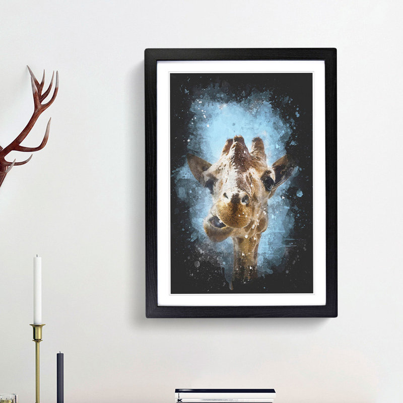 Chewing Giraffe - Framed Print, 33cm H x 24cm W x 2cm D, Black Framed