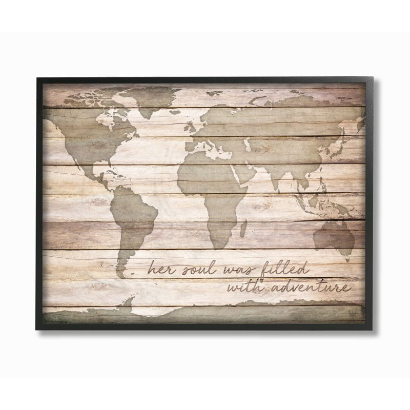«World Map», reproduction, H 16 po x l 20 po x P 1,5 po, Cadre noir