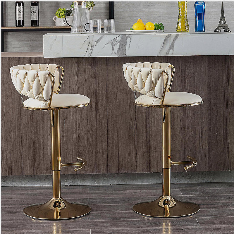 Ensemble de tabourets de bar deux pièces, avec repose-pieds chromé et hauteur réglable en peluche, Beige